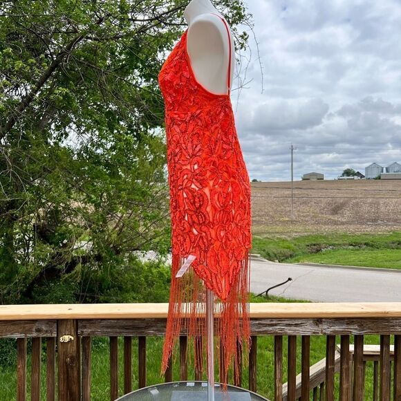 ASOS Orange Sequin Fringe Midi Slip Dress New Size 8 - Picture 7 of 16